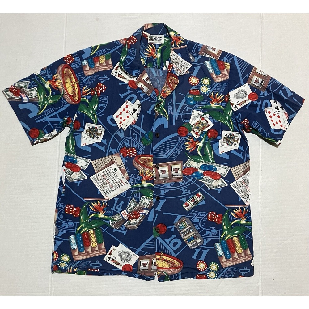 Aloha Republic Blue Casino Hawaiian Shirt Mens Size XL? Made In‎ USA